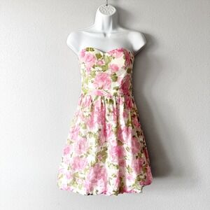 BHLDN Pink Strapless Fit Flare Floral Bubble Hem Mini Dress women's size small